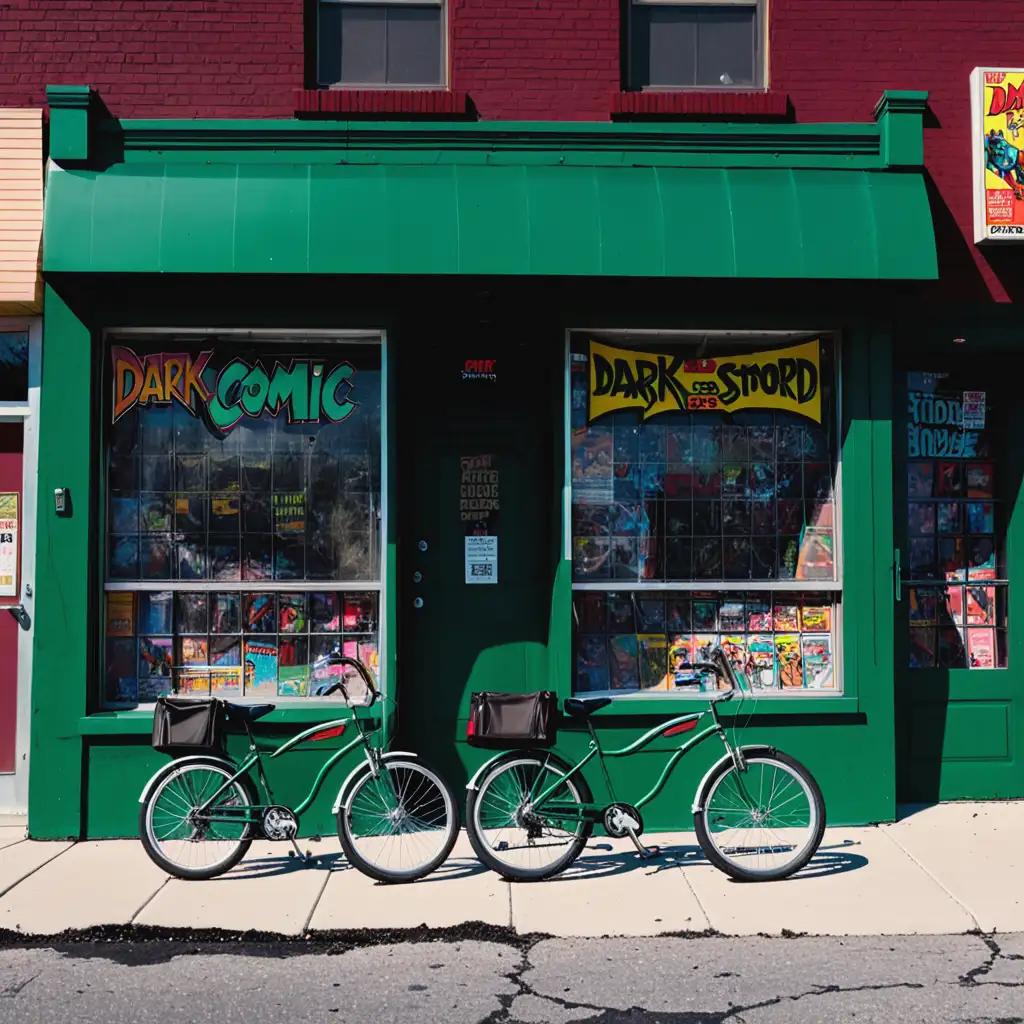 Two bikes outside of an old comic book store, the store is dark green