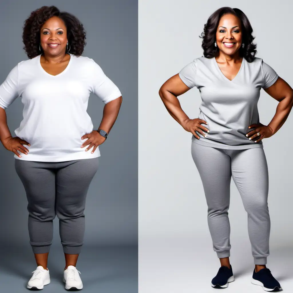generate a before and after photo, middle aged black woman, before overweight and after healthy, before wearing white shirt with grey sweats,after photo wearing a classy colorful outfit