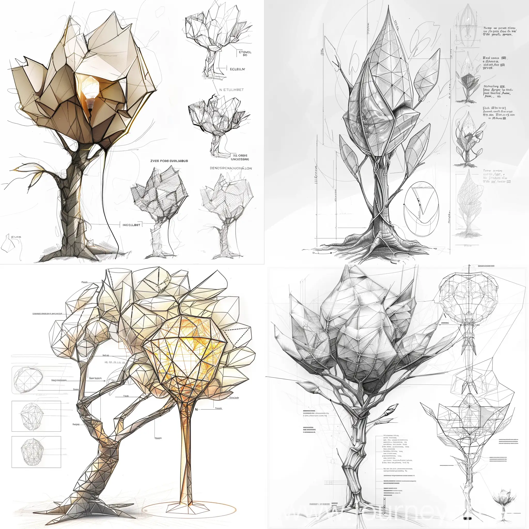 Hand-drawn product design, lighting design, extract the elements of the tree, the leaf part is the lamp, the trunk part can be affixed with notes
Extract geometric elements, bionic its texture bionic shape deduction change process, shape source, shape change, elaboration, summary process, how to draw lamps (desk lamp, chandelier, wall lamp), drawing reference, product design sketch, white background, front view, side view, back view, wire frame, no text, different Angle sketch, do not use any color, Pencil line manuscript, each scheme needs to present the form source and intention, the form change deliberation process; And the means to reconstruct and evolve the initial body form. The content includes the source of form, the change of form, the elaboration and the generalization process