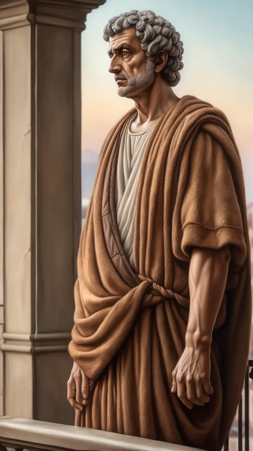 Stoic Philosopher Contemplating Life on Balcony Realistic Color Painting