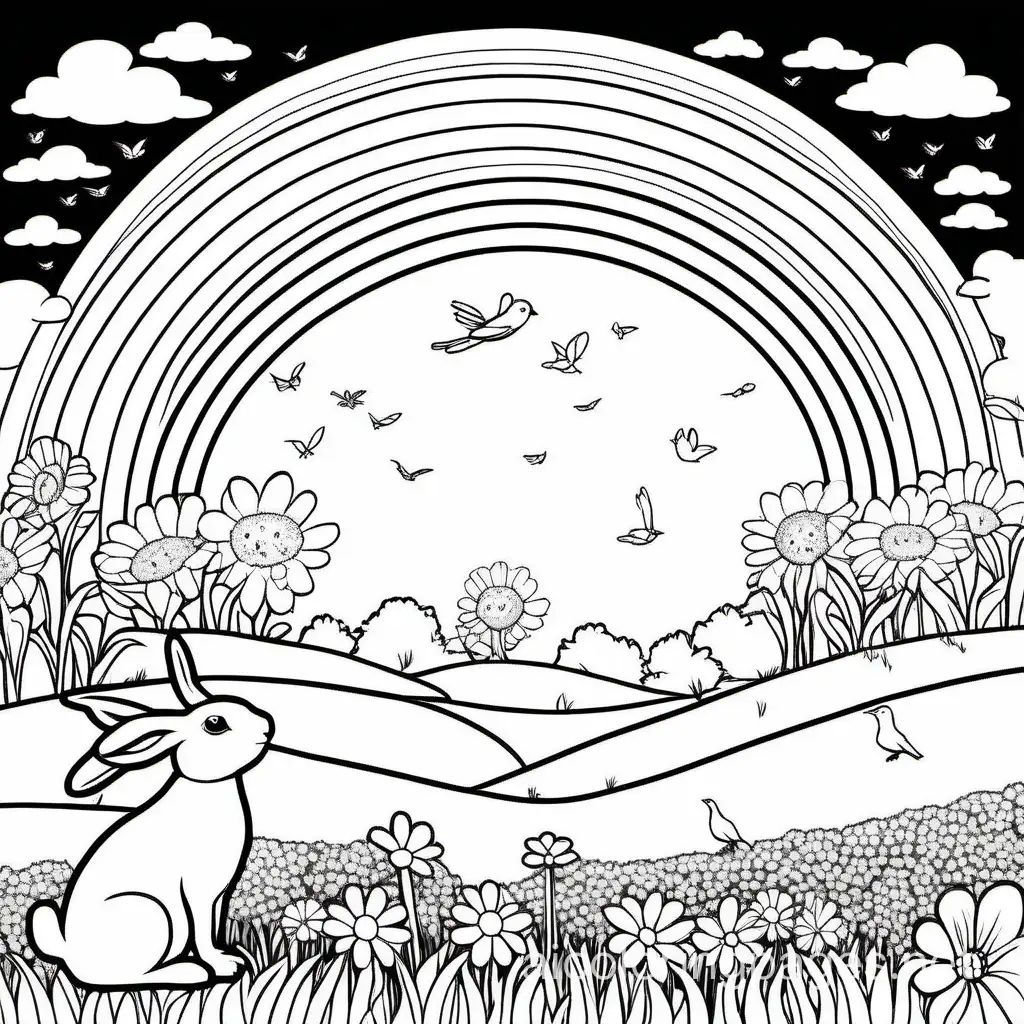 rainbow over a flat field with flowers and rabbits and birds



, Coloring Page, black and white, line art, white background, Simplicity, Ample White Space. The background of the coloring page is plain white to make it easy for young children to color within the lines. The outlines of all the subjects are easy to distinguish, making it simple for kids to color without too much difficulty