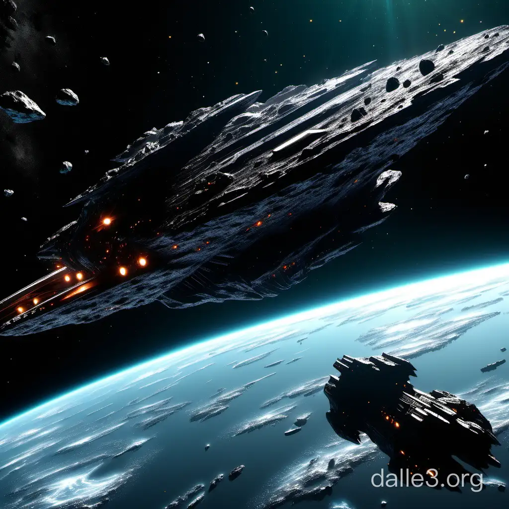 A starship going through a asteroid field it has many people on board and they are above an ocean planet