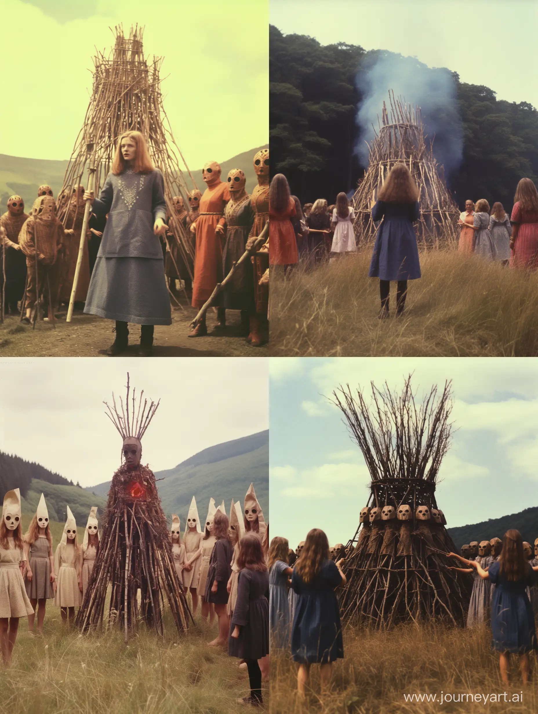 A photo of a mysterious ritual the style of 1970s, wicker man, pagan horror, midsommar, folk horror, photo taken with provia, grainy, British rural, 1960s, hikecore