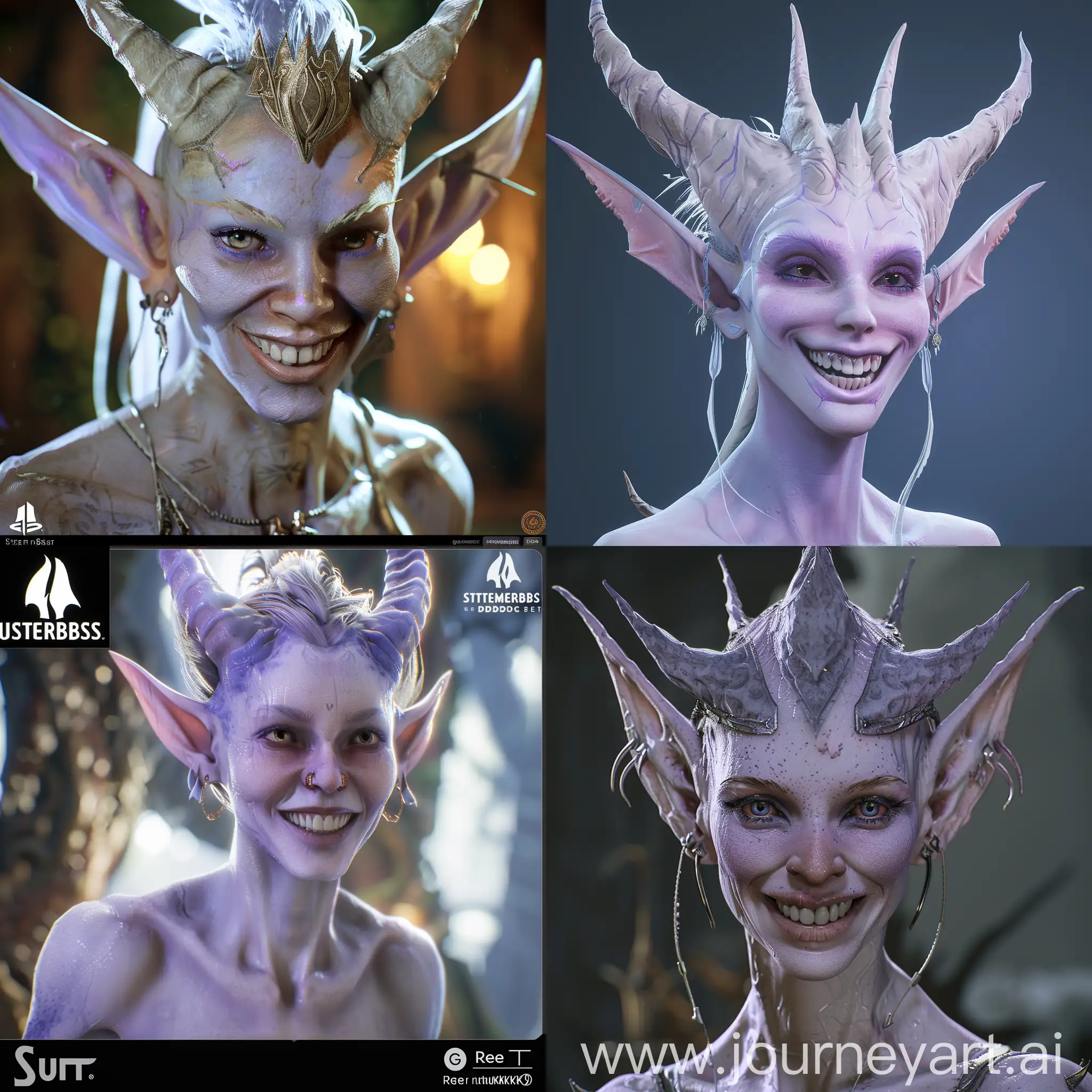 highly detailed full body of a sensual elven medusa with point ears and light purple skin, evil smile, she is in Suramar, stephen bliss, unreal engine, fantasy art by greg rutkowski.