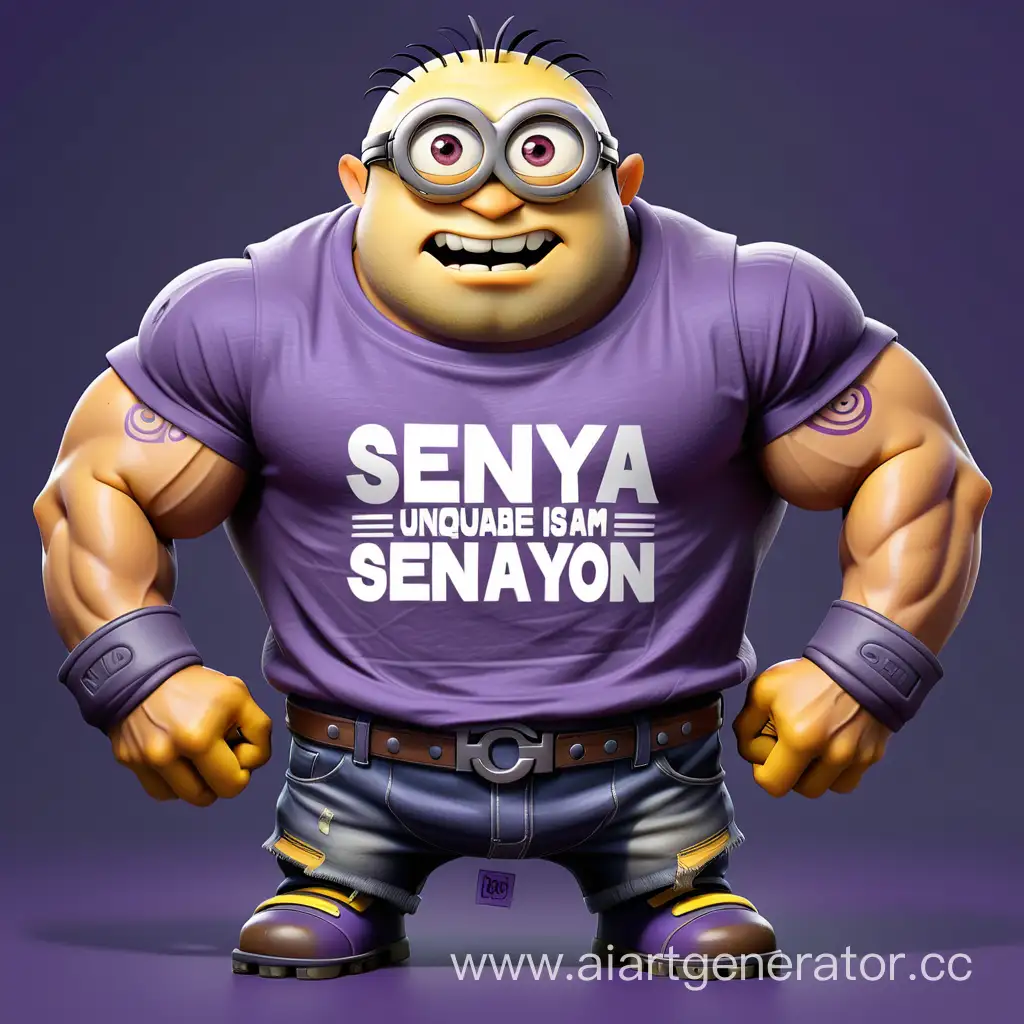 Огромный мускулистый миньон фиолетового цвета в футболке с надписью SENYA