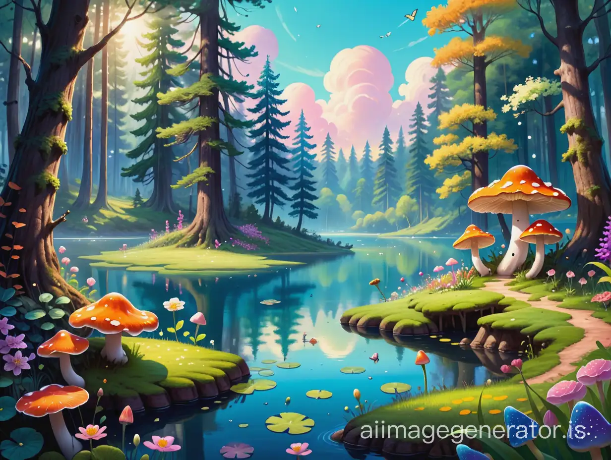 oil-painting, a cute lake in a beautiful forest with fungus and flowers, centered image, ultra detailed illustration, posing, (tetradic colors), whimsical, enchanting, fairy tale, (ink lines:1.1), strong outlines, art by MSchiffer, bold traces, unframed, high contrast, (cel-shaded:1.1), vector, 32k resolution, best quality, flat colors, flat lights
