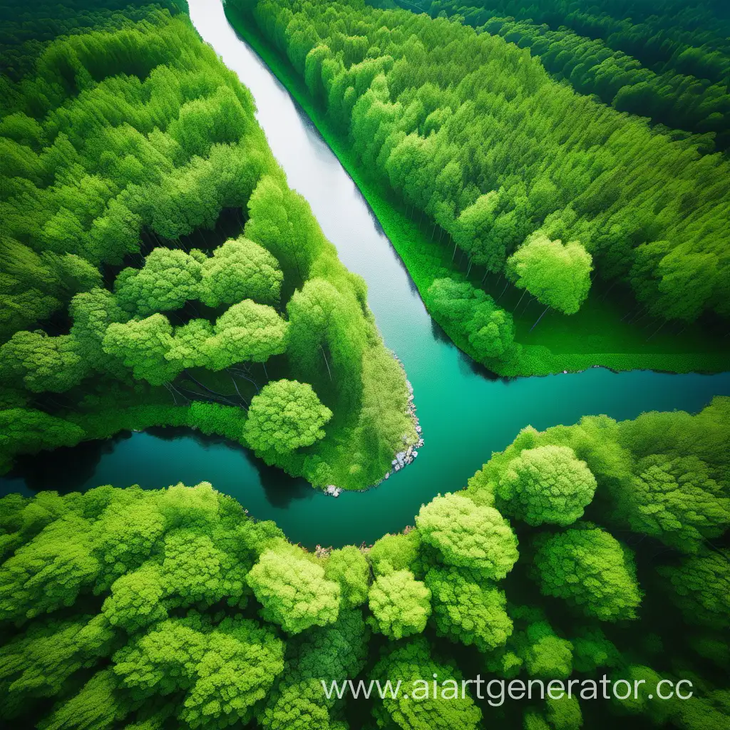 Сказочный лес с зелеными яркими деревьями и рекой с высоты птичьего полёта 