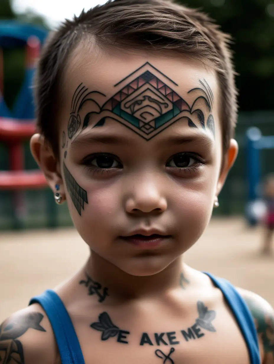 Zrób mi Prompter 
Profesjonalne zdjęcie twarz dziecka z bliska ma mieć tatuaże  . Zadbaj o realistyczne detale postaci i starannie skomponuje kadr tak, aby oddawał zarówno urok kobiety, jak i naturalne otoczenie. Użyj wysokiej jakości aparatu, aby uchwycić realistyczne szczegóły, zapewnić optymalne oświetlenie i dostosować kompozycję tak, aby odzwierciedlała zarówno scenerię miejsca plac zabaw , jak i charakter kobiety w codziennych sytuacjach