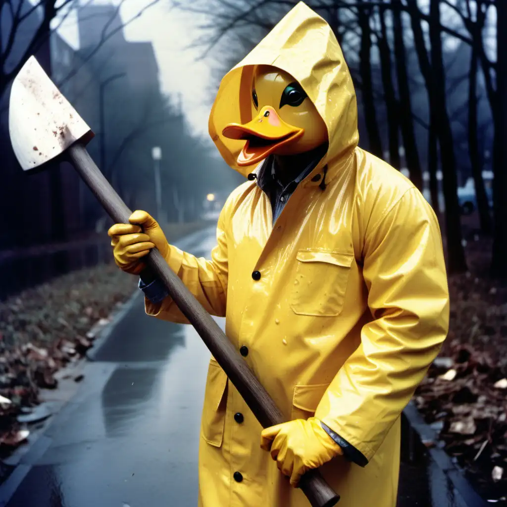 serial killer wearing duck mask and yellow rain coat wielding axe, 1970s