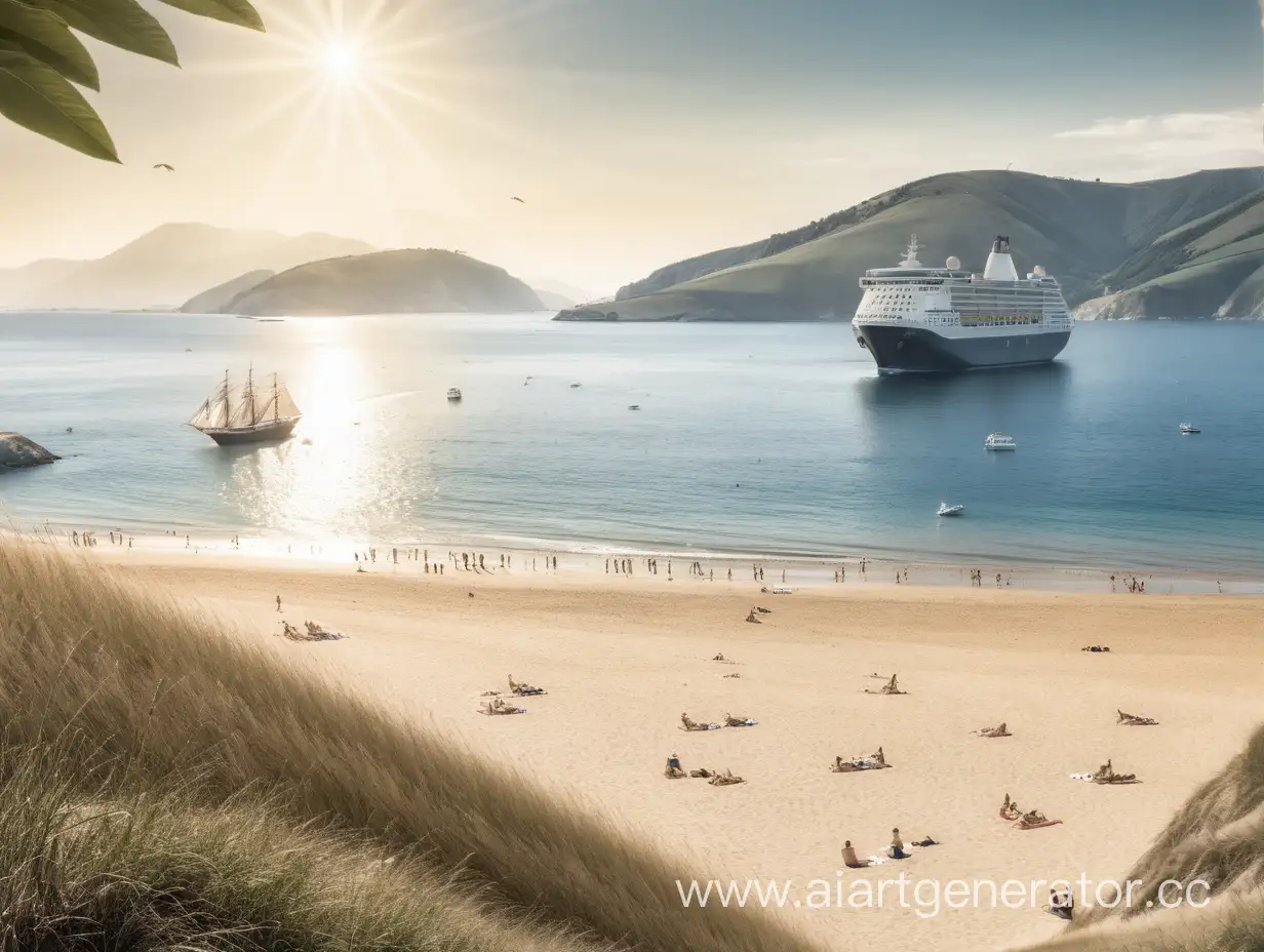 Sunset-Beach-with-Hills-and-Ship-in-the-Distance