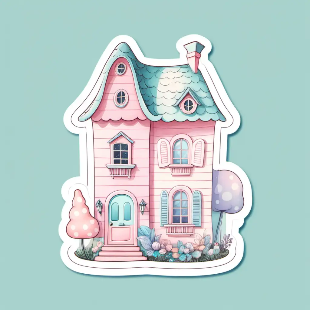 illustration, one coquette whimsical  house,sticker, soft, pastel colors
