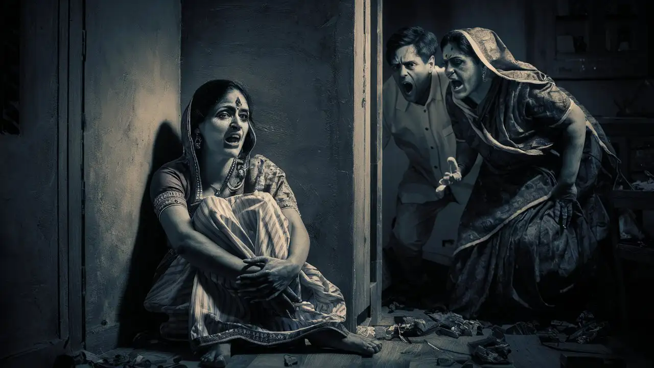 indian women upset sitting of floor in the corner. husband and mother in law shouting behind, dark room, hyper detailed