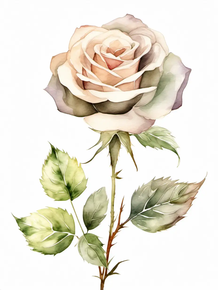 Neutral Watercolor clipart of a long stem rose in bloom,
white background,