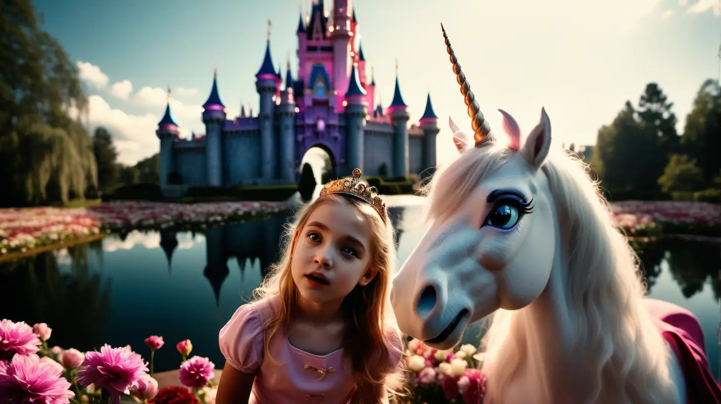a cinematic scene, ultra realistic, film grain, IMAX 70mm film still, Extreme Closeup, ultra wide angle, cinematic color grading,  detailed faces, Extreme Long Shot, dramatic lighting, captured by Canon Cinema EOS,  flowers in front of disney castle and lake, beautiful princess feeding unicorns --v 5 --style raw