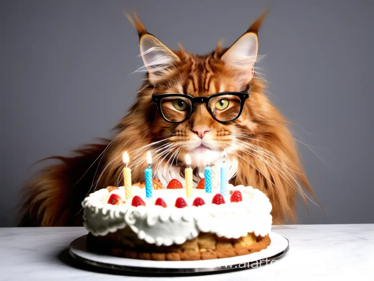 A big ginger maine coon wearing glasses; a birthday cake 

