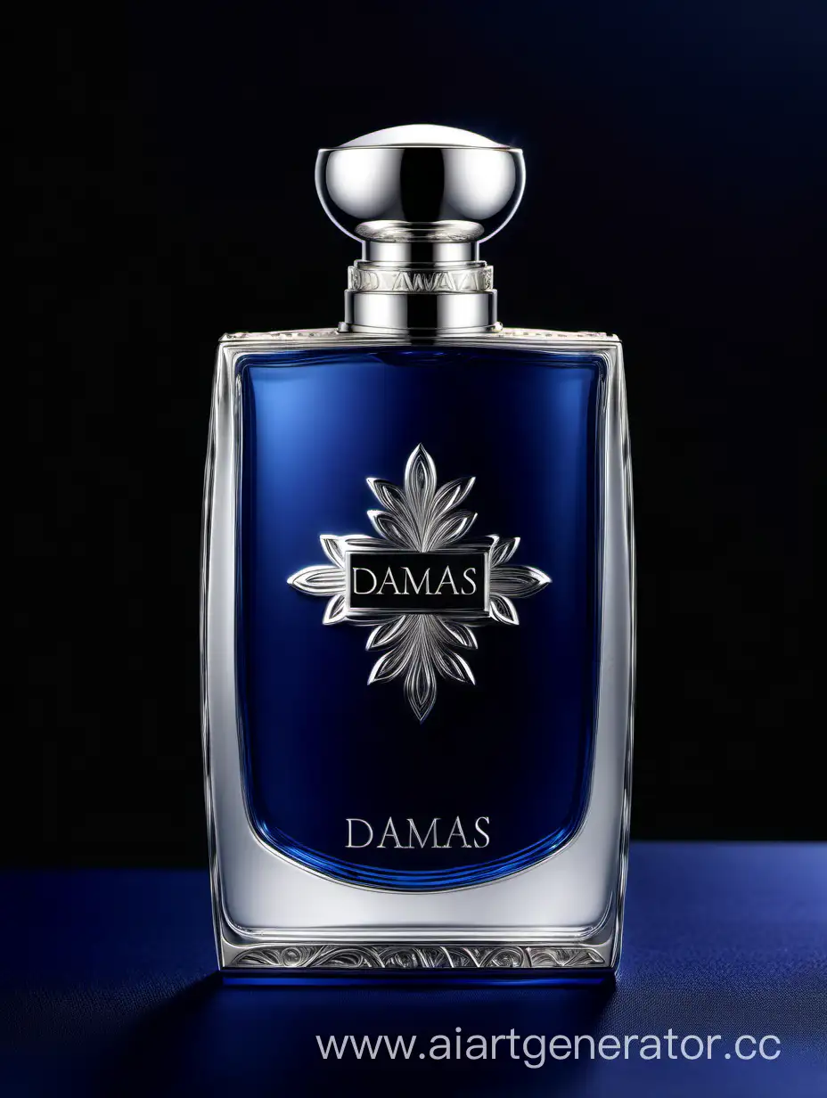 A luxurious (((silver and dark matt blue perfume))), textured crafted with intricate 3D details reflecting light around a ((black background)), with a elegant ((Damas text logo))