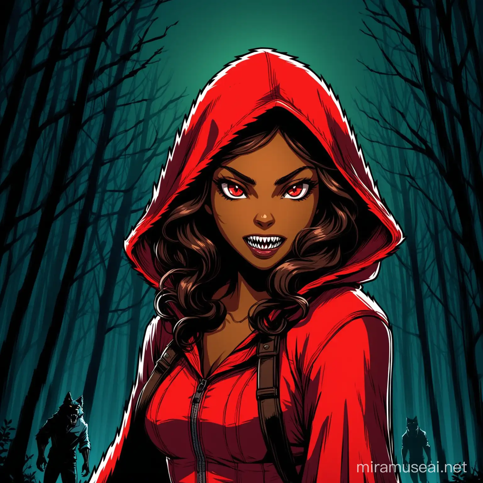 video game promo poster of BLACK GIRL werewolf hybrid CHARACTER, long curly brown hair, sharp wolf teeth, wearing red riding hood inspired outfit, IN THE STYLE OF THE WOLF AMONG US, TELLTALE GAMES, cell shading, neo-noir

