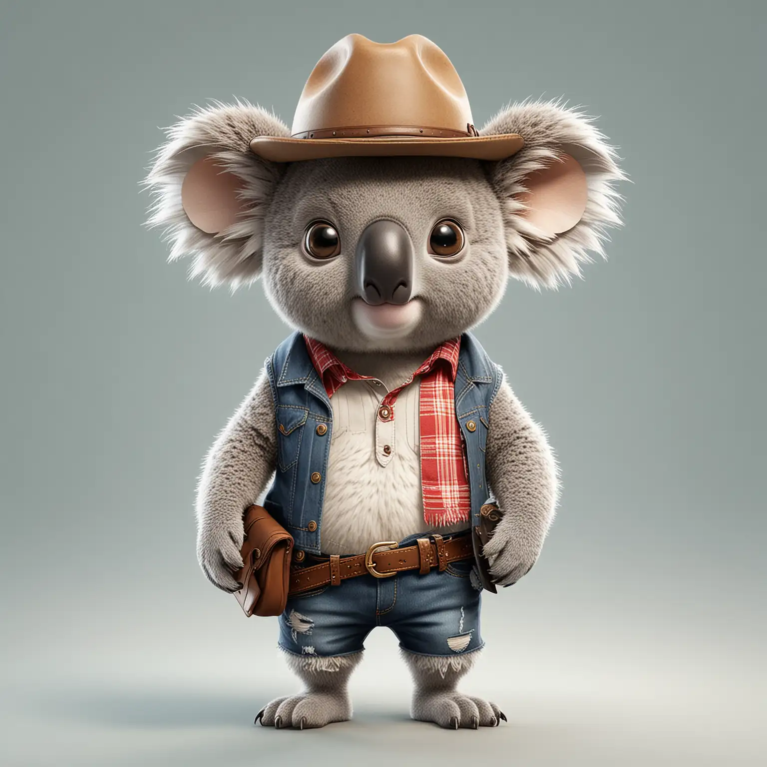 a koala, cartoon style, full body, big eyes, cowboy clothes, clear background