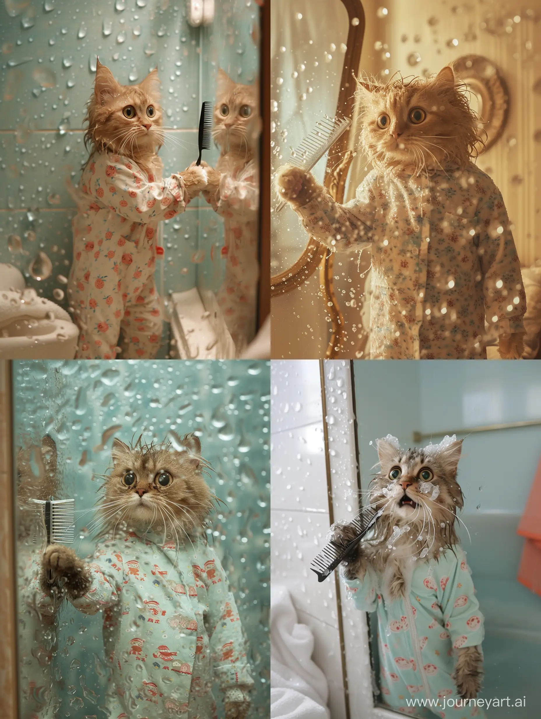 Cat-in-Pajamas-Contemplates-Reflection-in-Wet-Bathroom