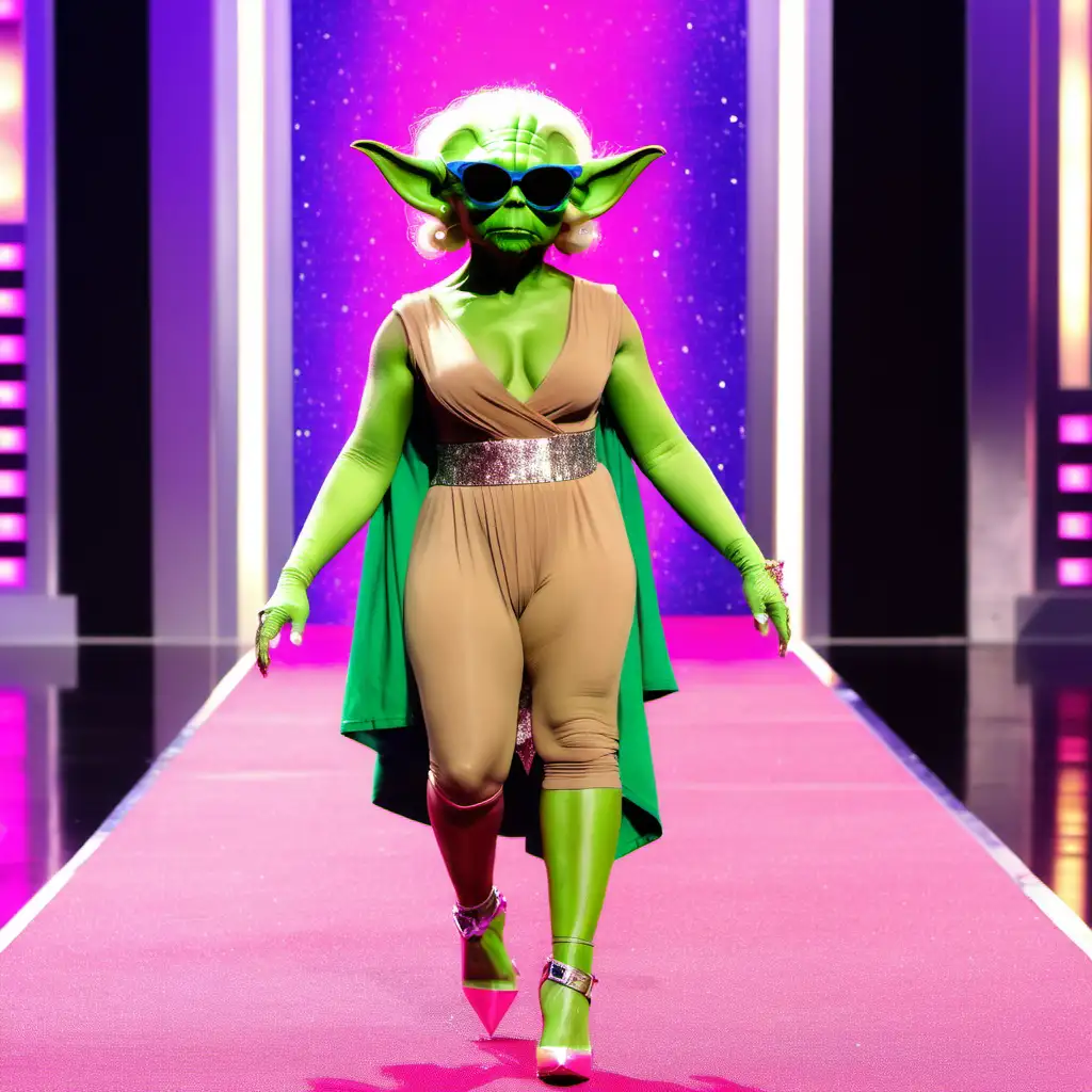 Yoda, dressed as RuPaul, walking down runway on drag race television show