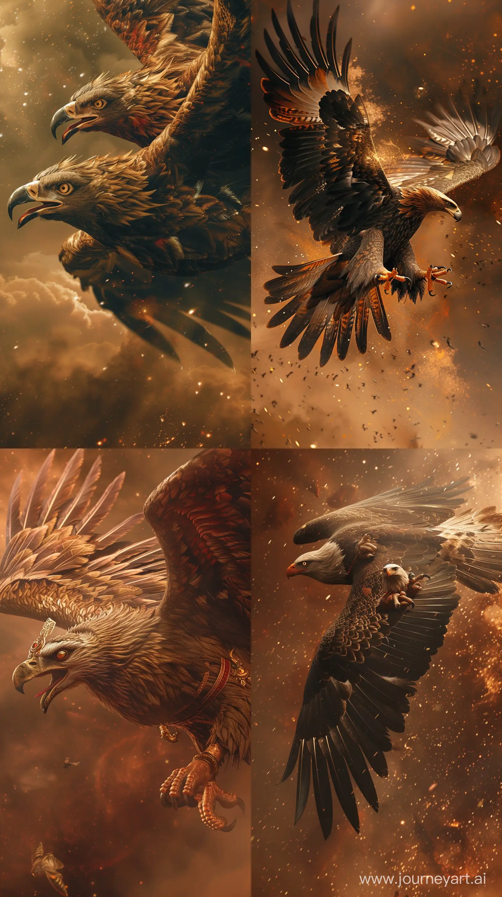 Colorful images of an eagle with 2 heads from ancient Hindu mythology, flying high, fierce expression, realistic depiction, close-up, intricate details, high resolution 8k quality brownish toned celestial background --ar 9:16 --v 6