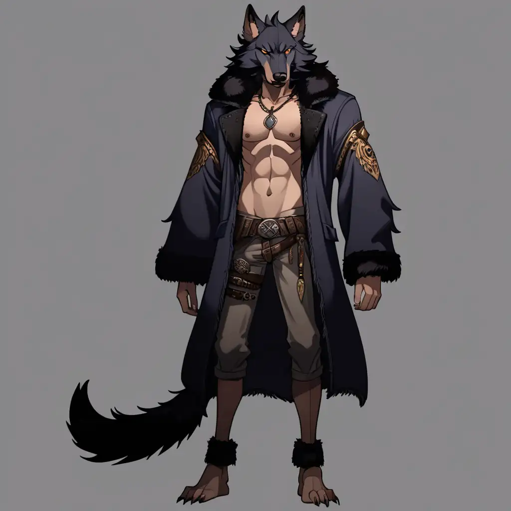 male anime character dark wearing wolf pelt Big mongrel human full body


