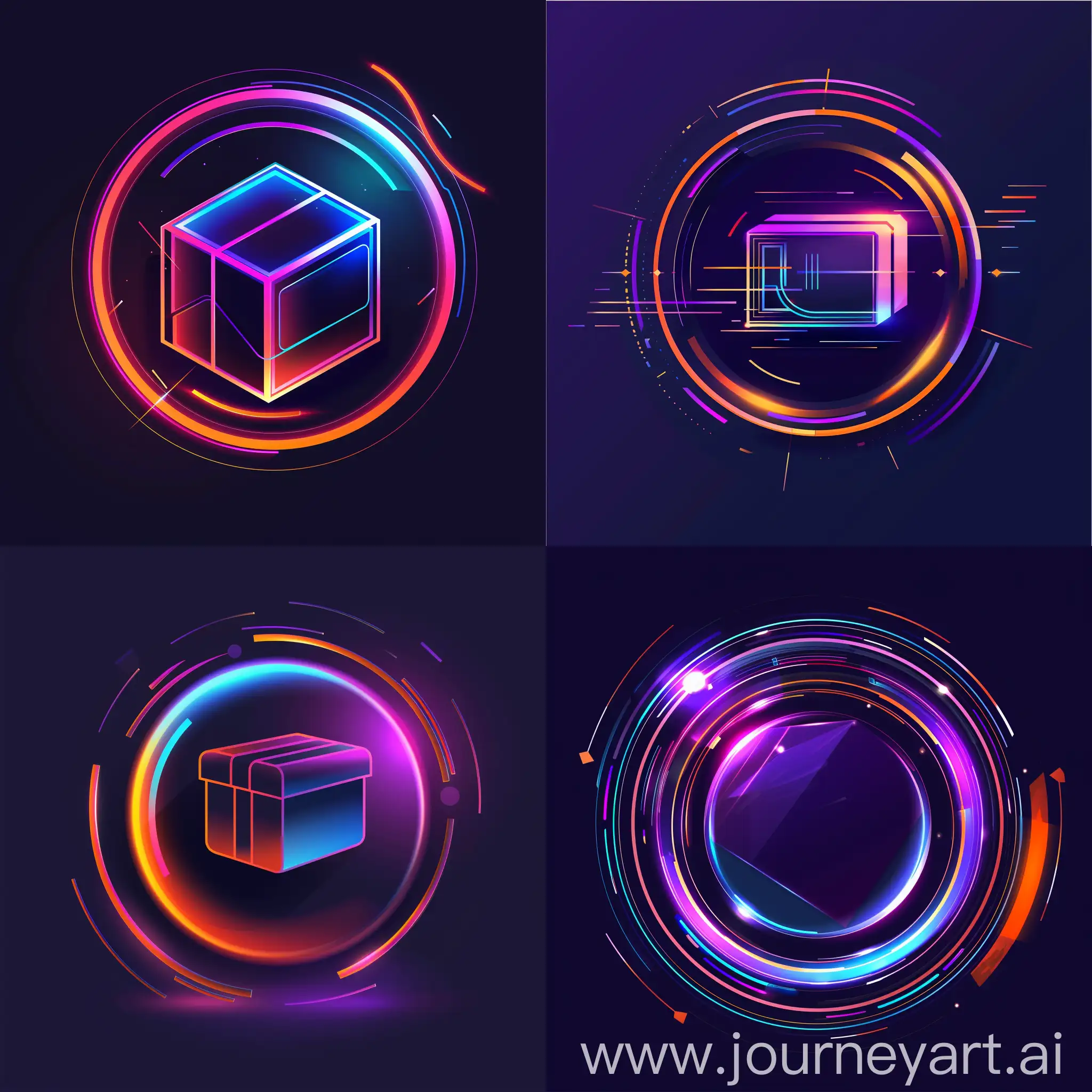A modern cyberpunk, shiny circle logo of package shipping with a main color of purple and cyan and orange.