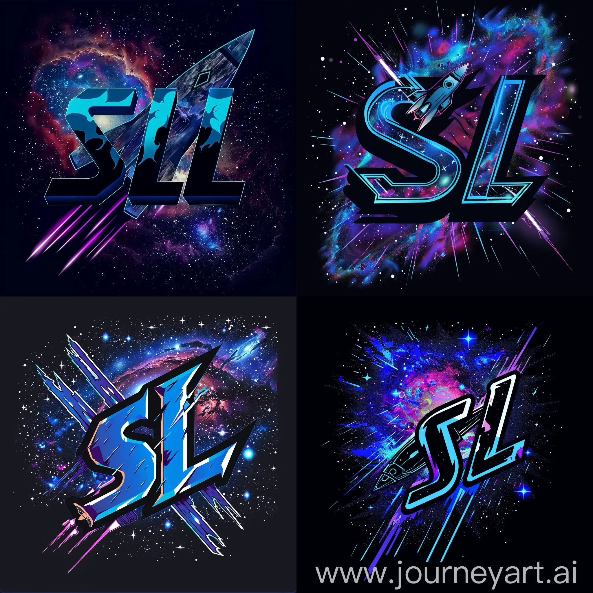 Логотип "SL" имеет форму космического корабля, который пронизывает звездное небо с элементами галактики в фоне, буквы "SL" стилизованы в виде космических лучей и пульсирующих энергетических потоков, цветовая гамма логотипа созвучна с космической тематикой, синий, фиолетовый и черный