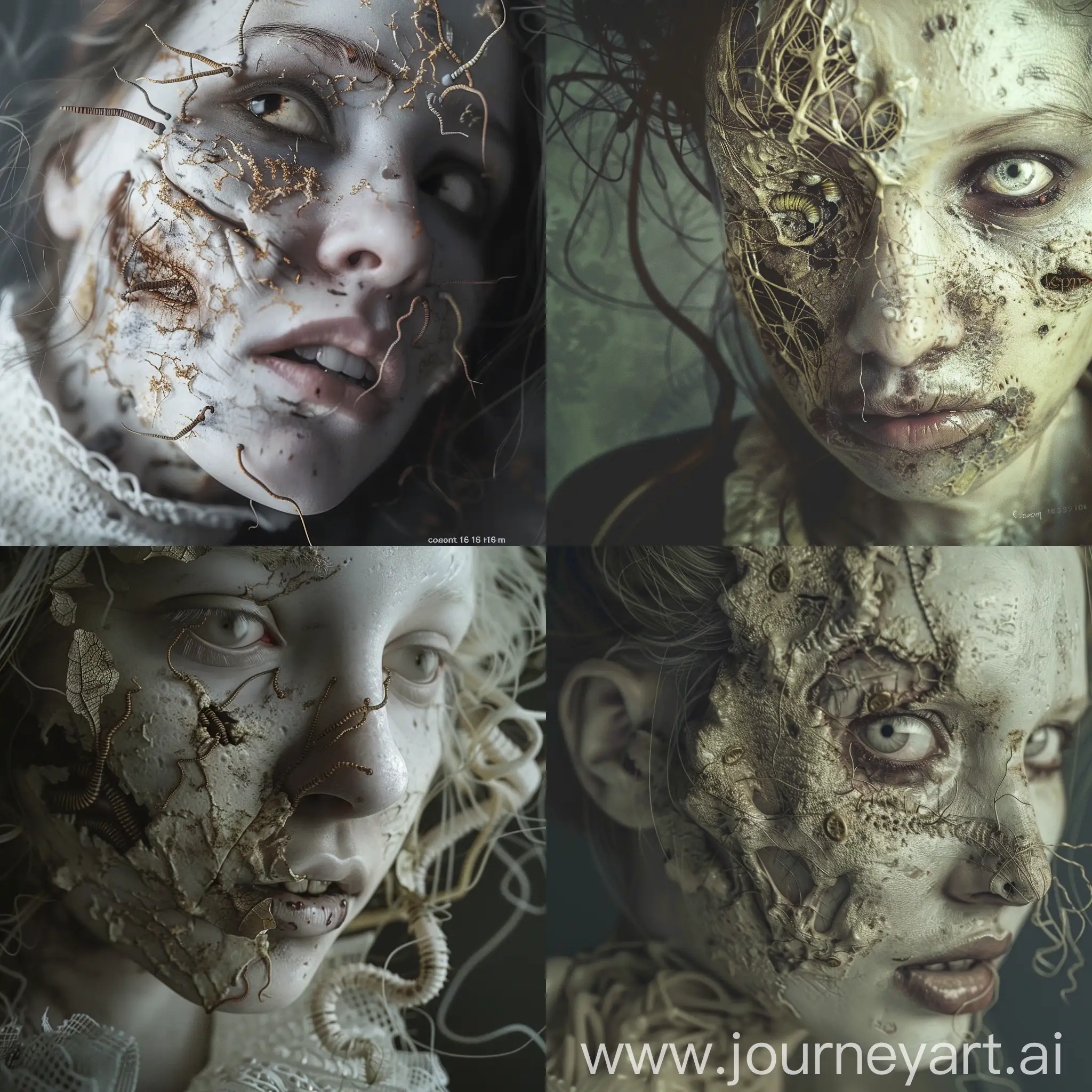 /imagine prompt: woman with rotten face, dead, worms on her face, pale skin, white eyes, impressive detailed, Realistic Digital Art, Candid Photography, Close-Up shot, Canon EF 16-35mm