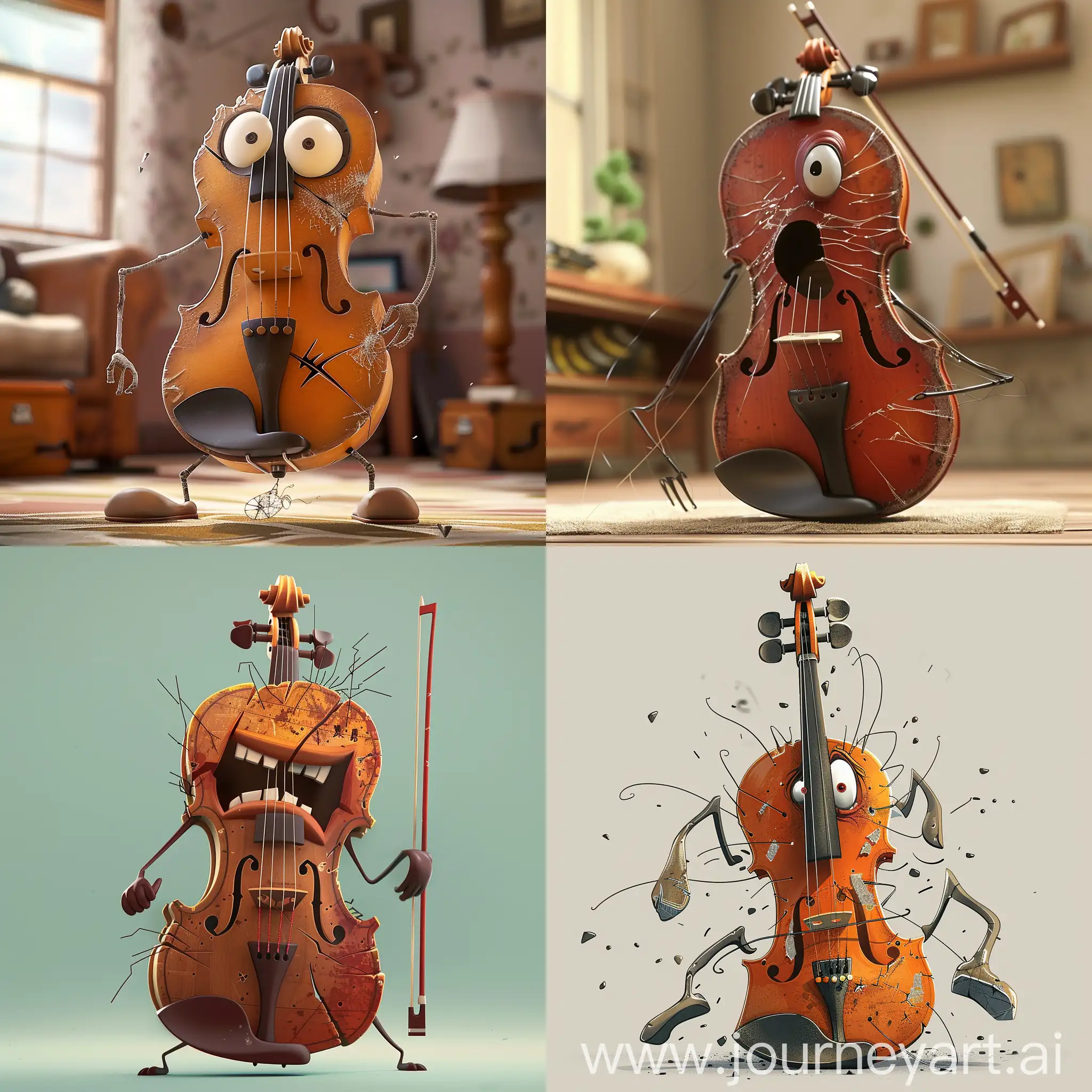 generate an animated cartoonish character based on a broken and SCARED violin. Its strings are frayed, its body scarred. with scared expresssion