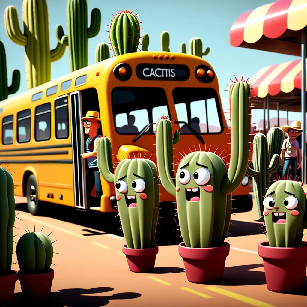 Whimsical Cartoon Cacti Boarding Fun Fair Bus