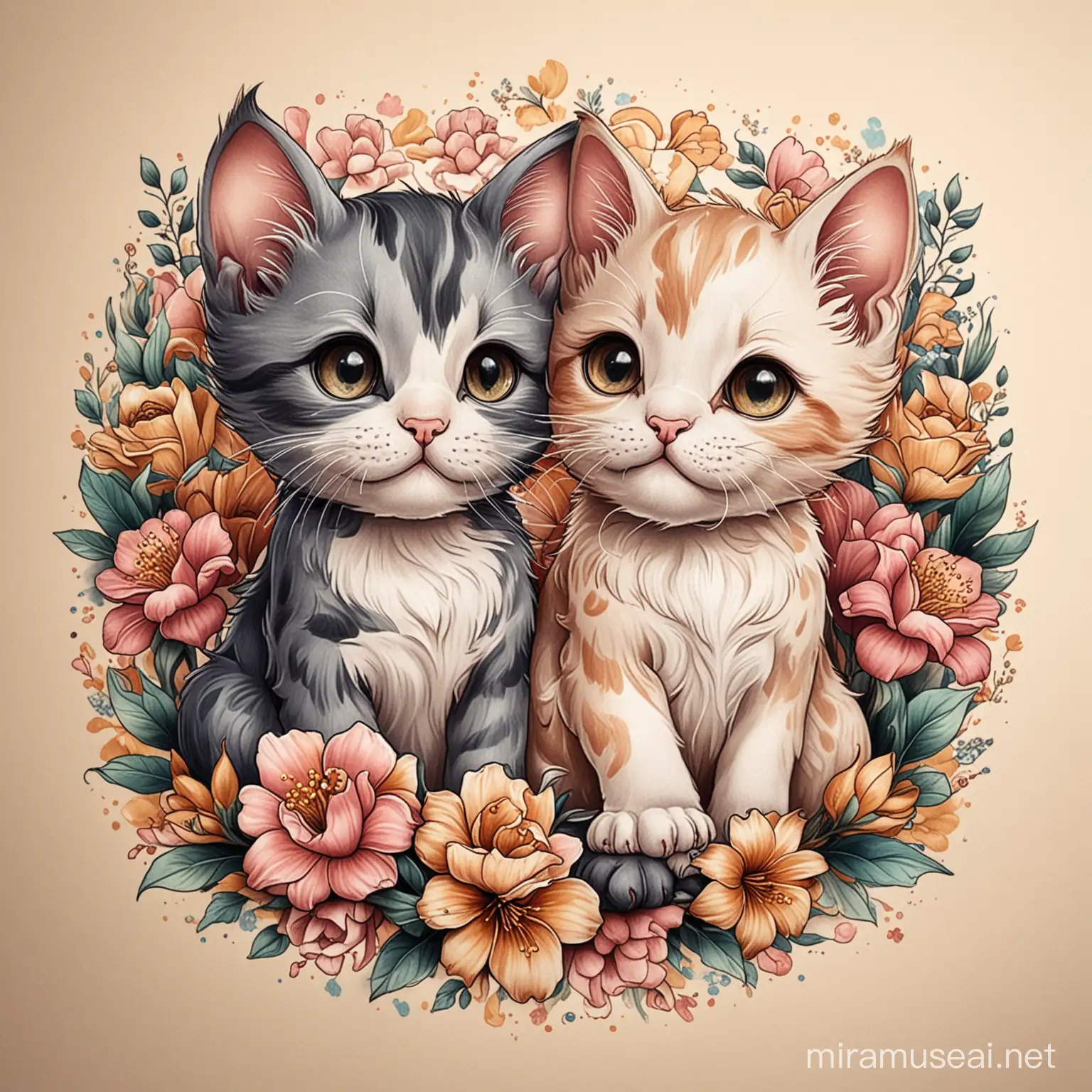 For a tattoo project on neotraditional style  create an image of two kittens playing each other with flowers using soft colors
