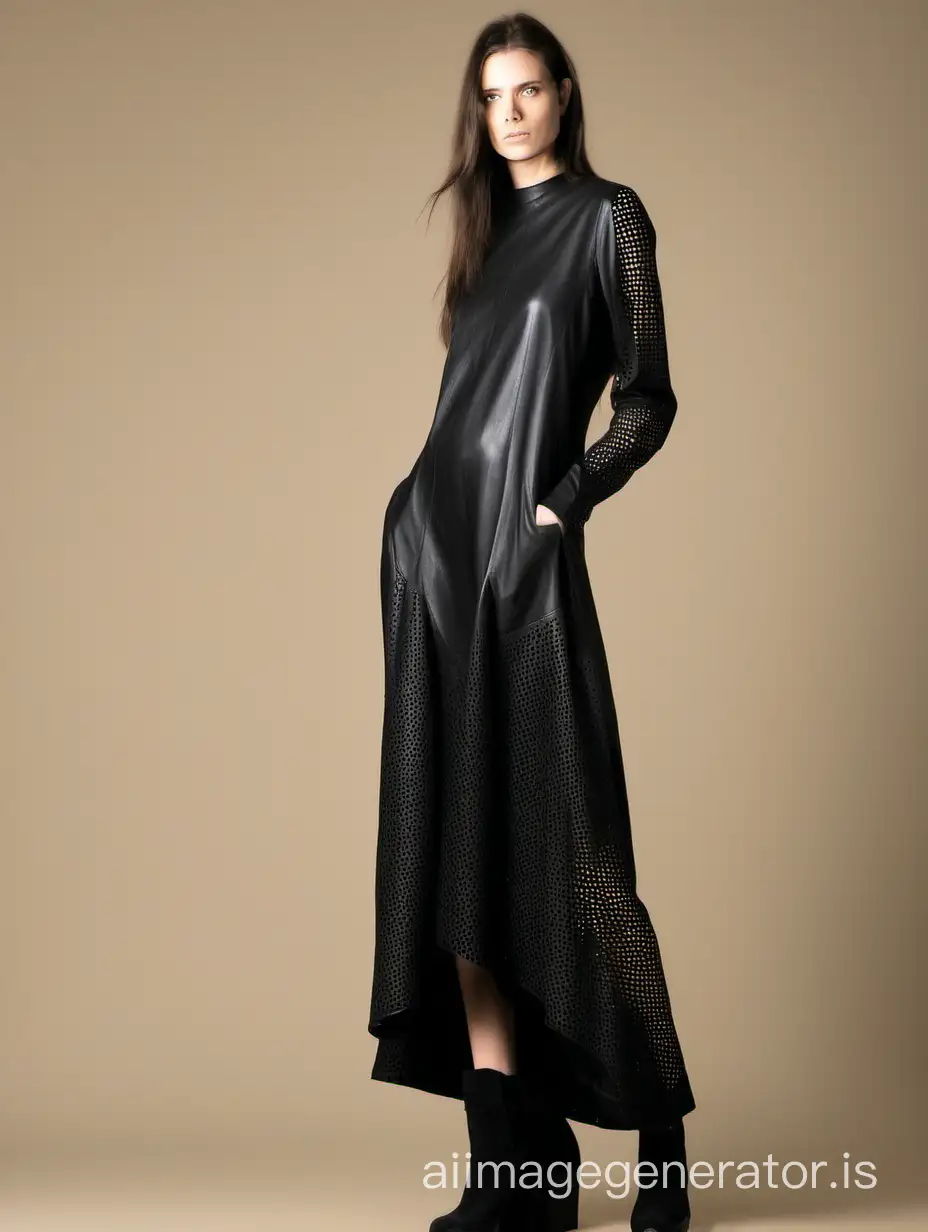 Black long dress made of perforated efaux leather with long sleeve. Boho style.