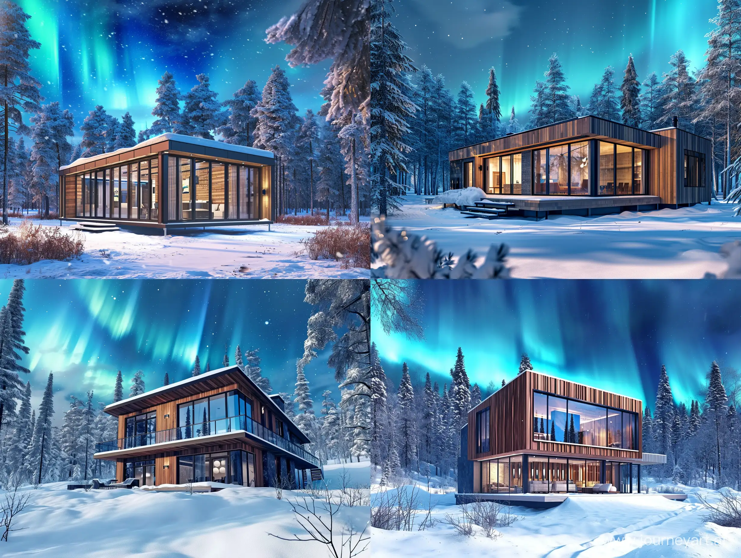 tha background is a snowy forest, in the sky there are blue northern lights, in the front is a modern house made from wood and big glass windows