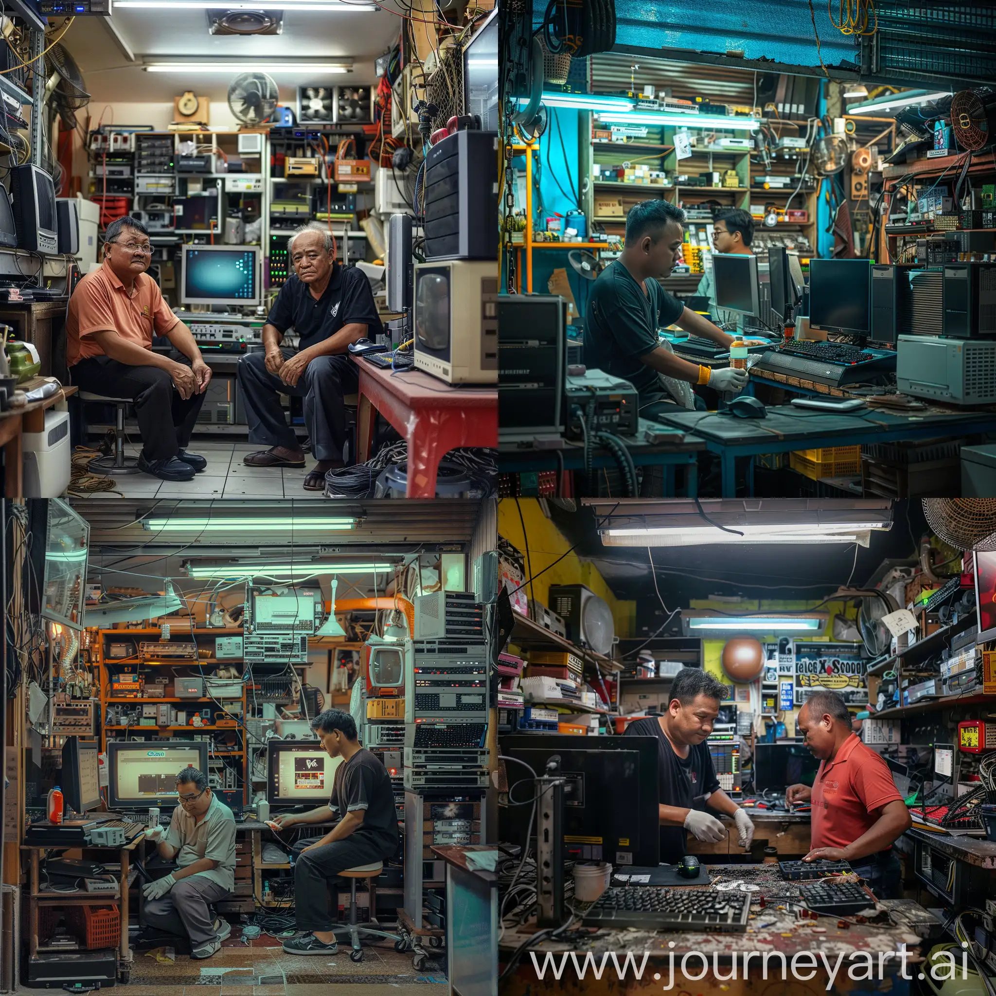 ultra realistic, two malay computer mechanics are cleaning in the interior of his shop, modern computer shop, canon eos-id x mark iii dslr --v 6.0