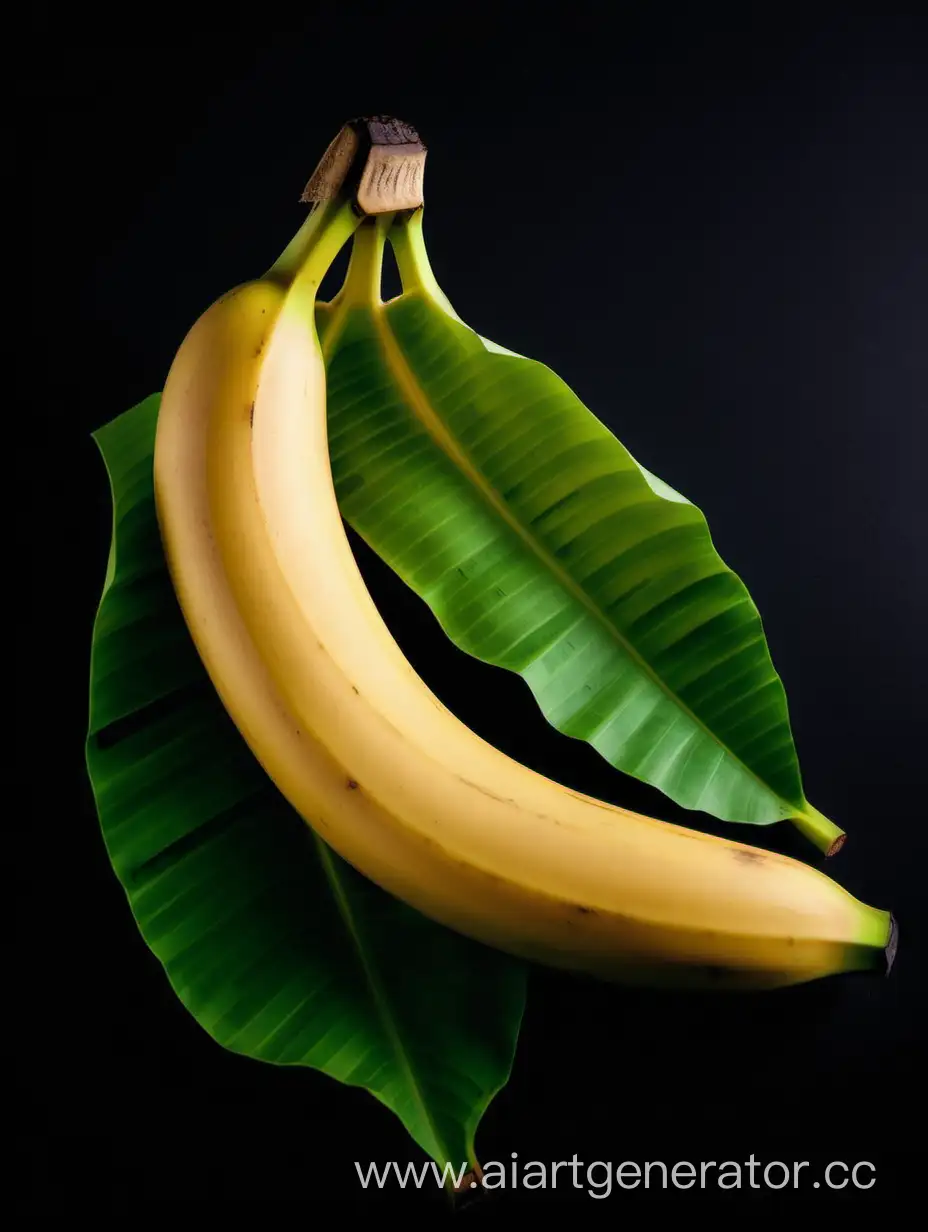  banana on black background WITH leaf