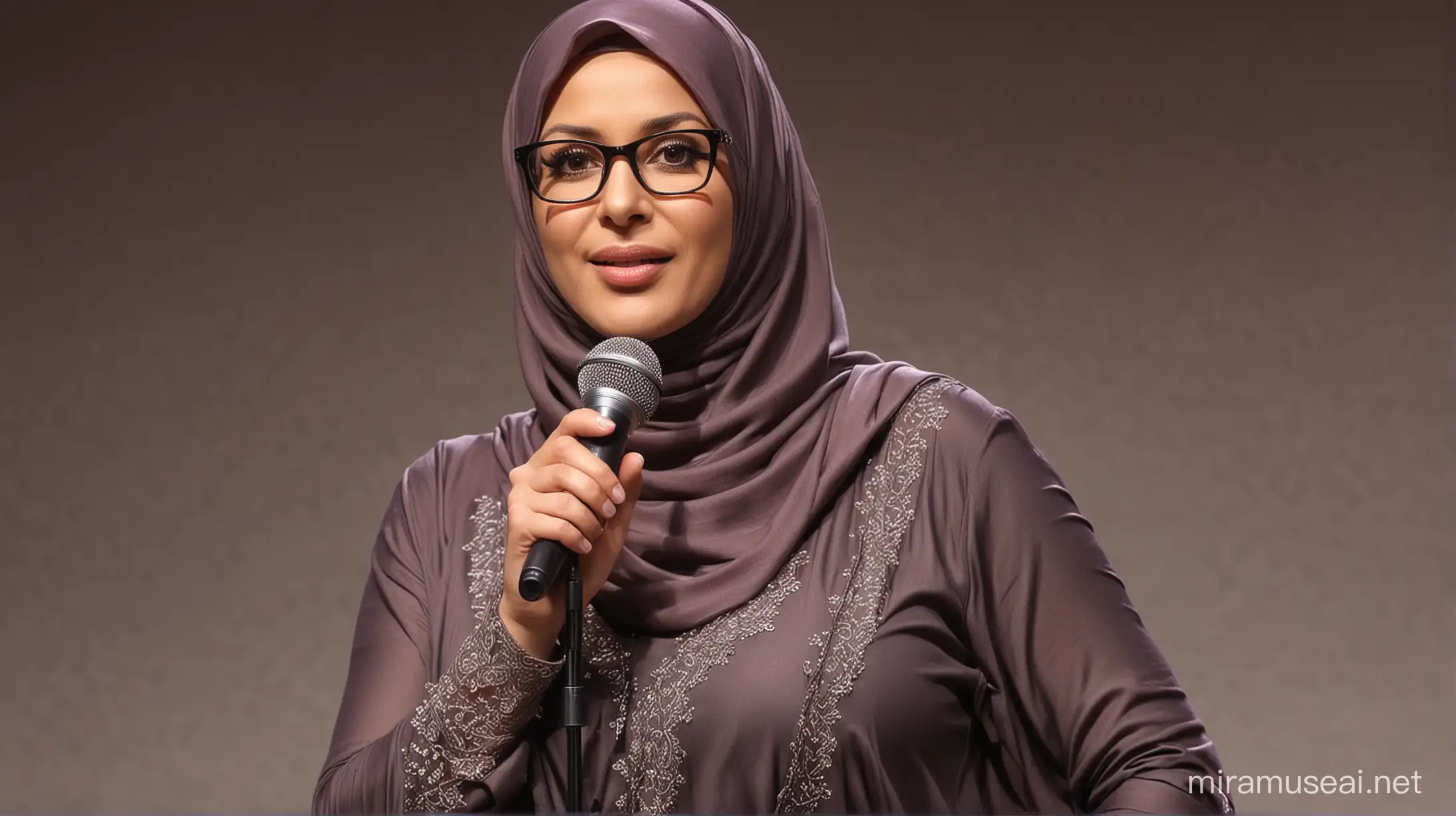 40 year old Muslimah very beautiful face, european face, wears glasses, very big breasts, sings using an old-fashioned microphone, her whole body is realistic, full bodu detiles on the stage.