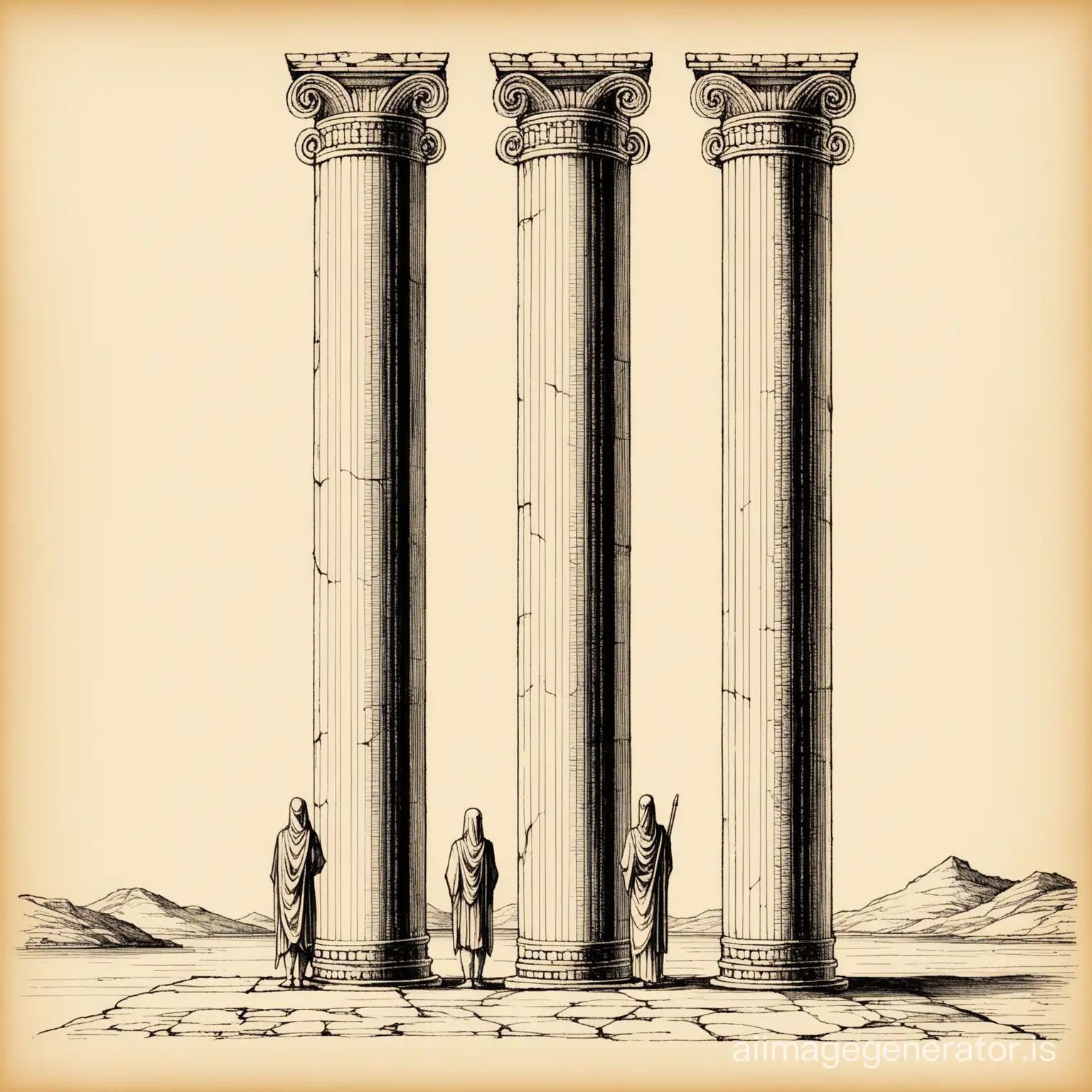 an ancient drawing of only 2 people standing next to only 2 pillars
