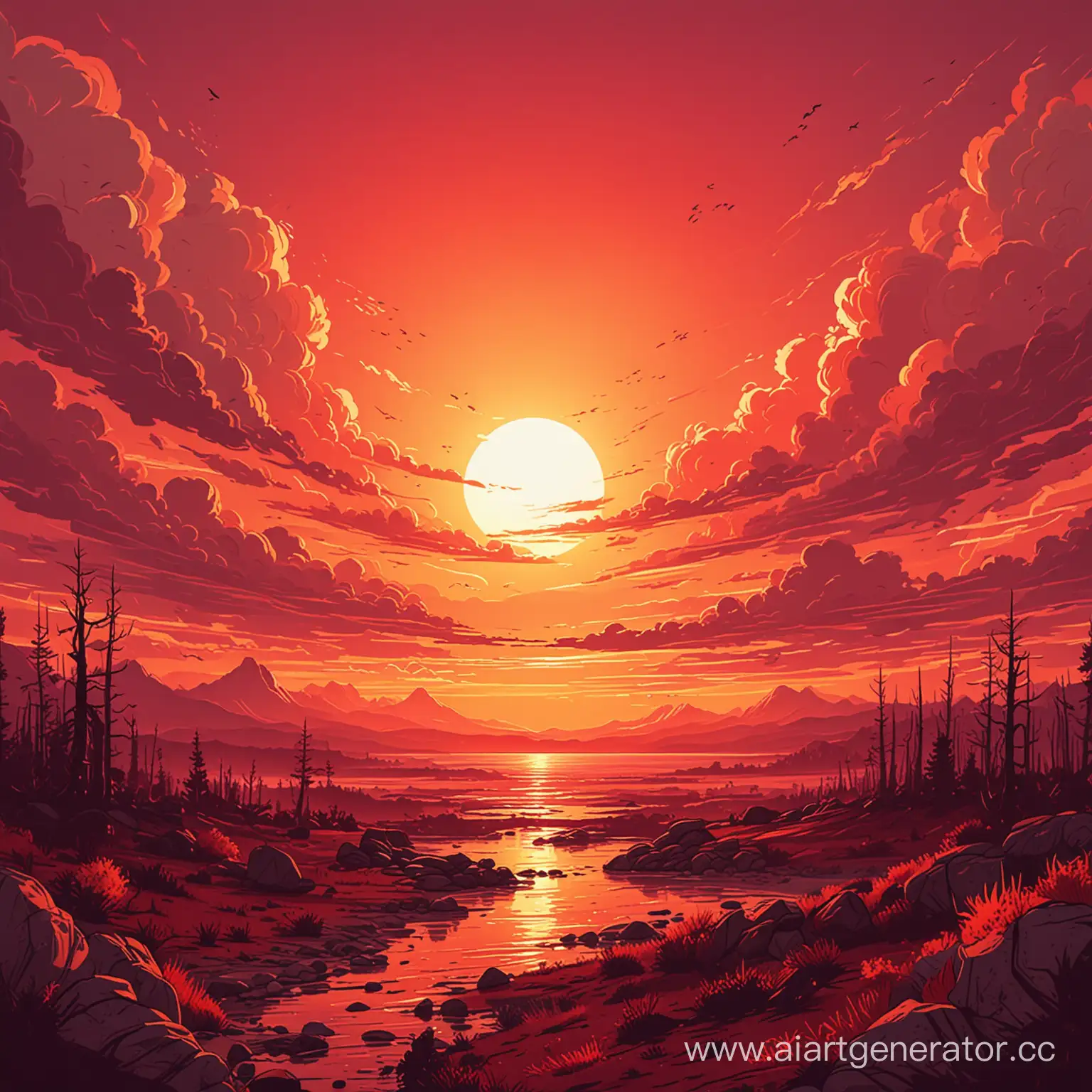 горящий закат на фоне алого неба в стиле мультика