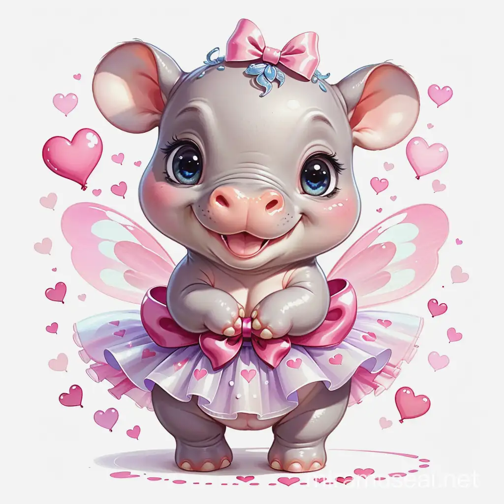 Joyful Baby Hippopotamus Ballerina Painting with Big Eyes and Hearts on White Background