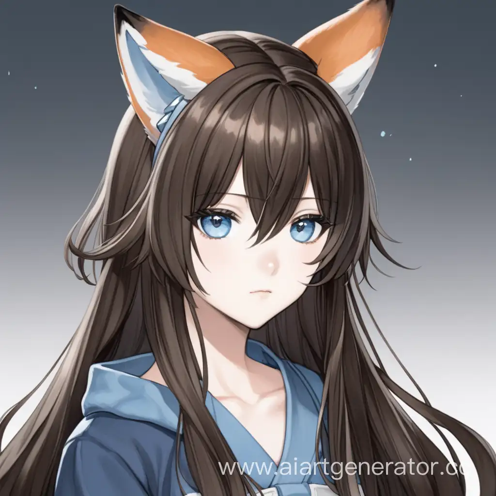 Anime girl with fox ears, dark brown long hair, and gray-blue eyes