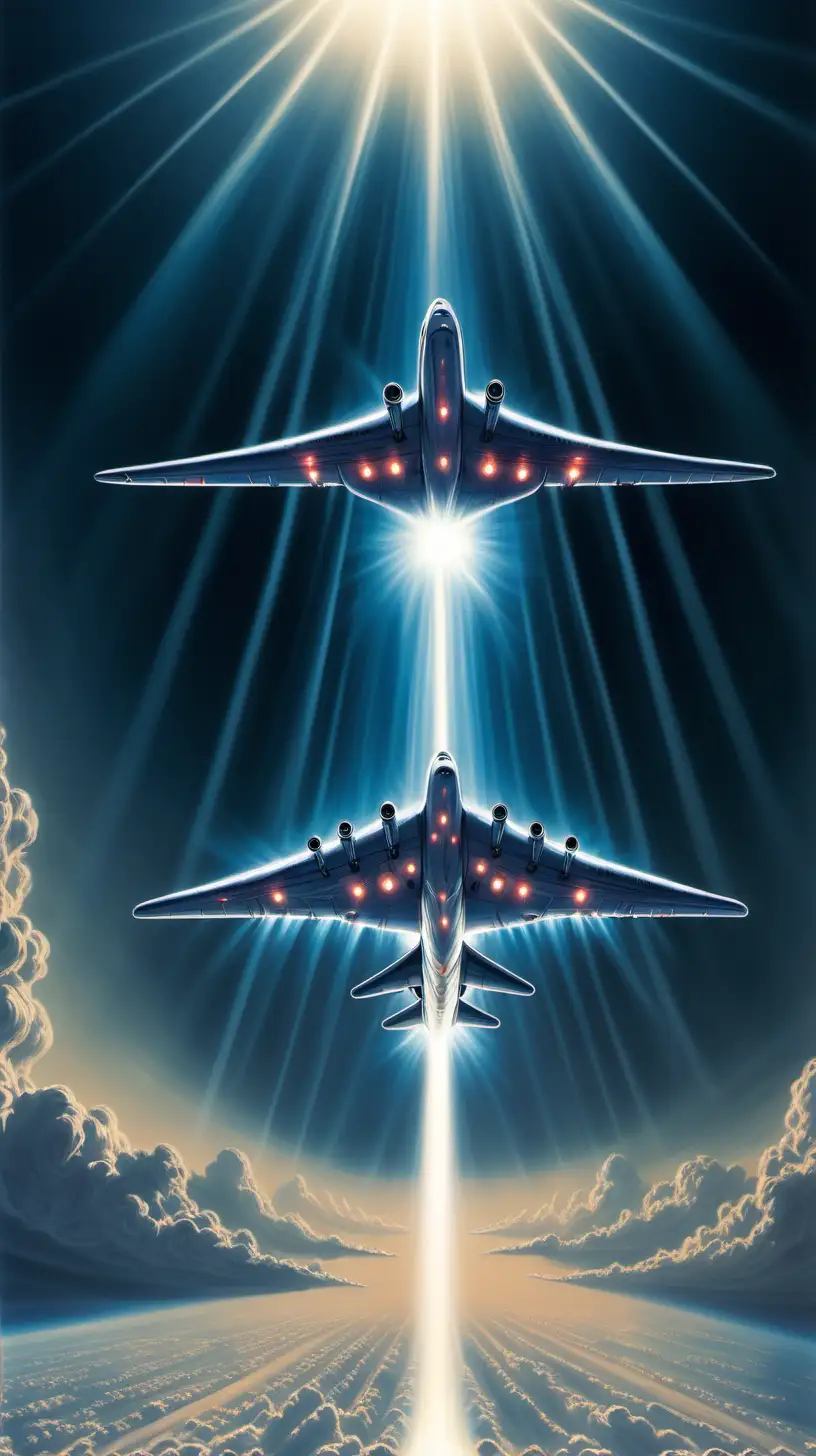 In a mind-bending scene, a giant airplane is drawn upward by powerful beams emitted from hovering alien spacecraft. The surreal spectacle unfolds with a sense of awe and mystery, leaving viewers to ponder the inexplicable connection between the aircraft and extraterrestrial forces. airplane, giant, upward, beams, alien spacecraft, surreal, awe, mystery, connection.
