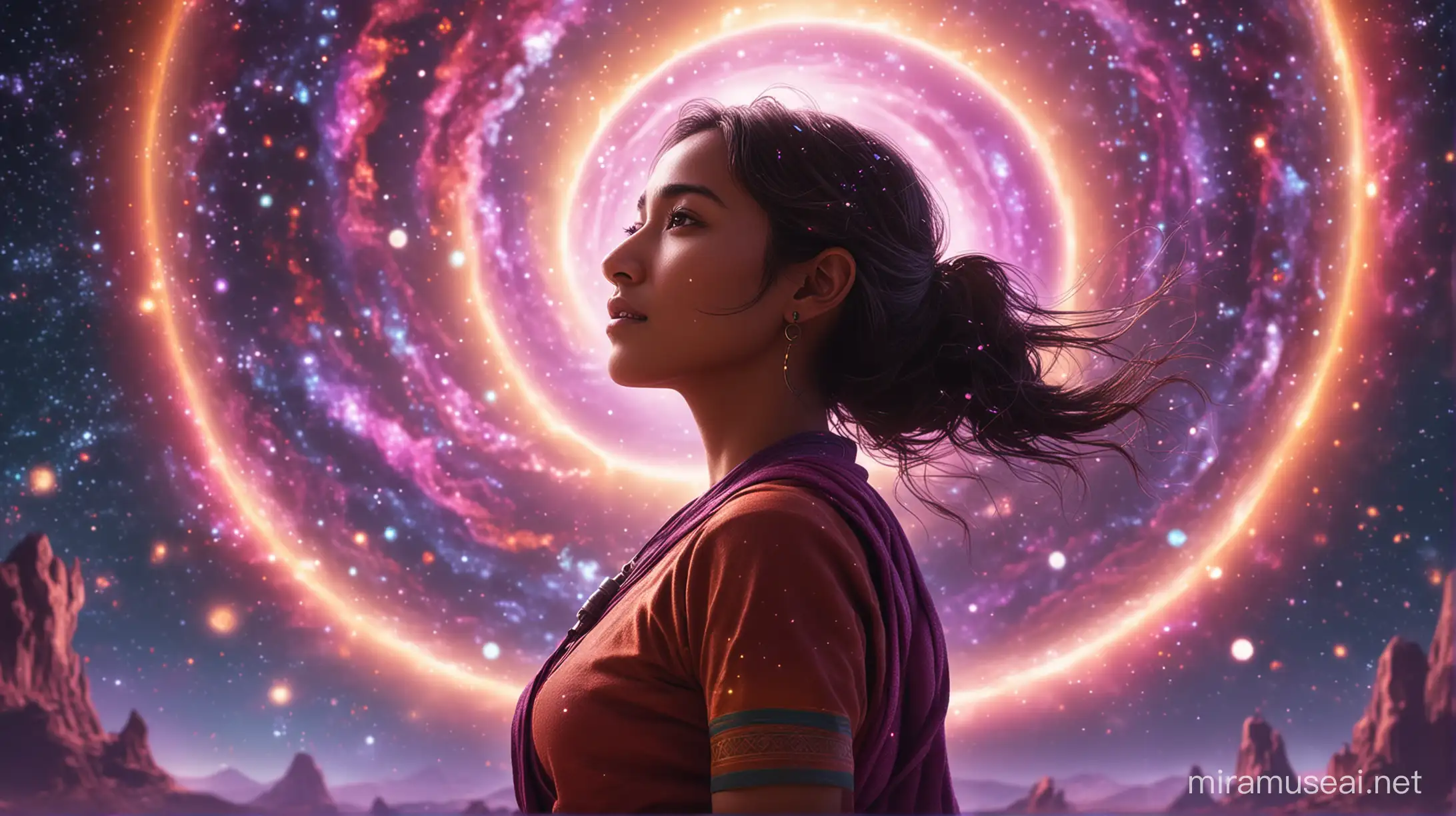 a person mix asian indian increasing Vibration & experiencing journey 
health and heal, and being surrounded by beautiful colors, galaxy imagination. backlight photography, CG characters, 32K, high resolution, super-realistic