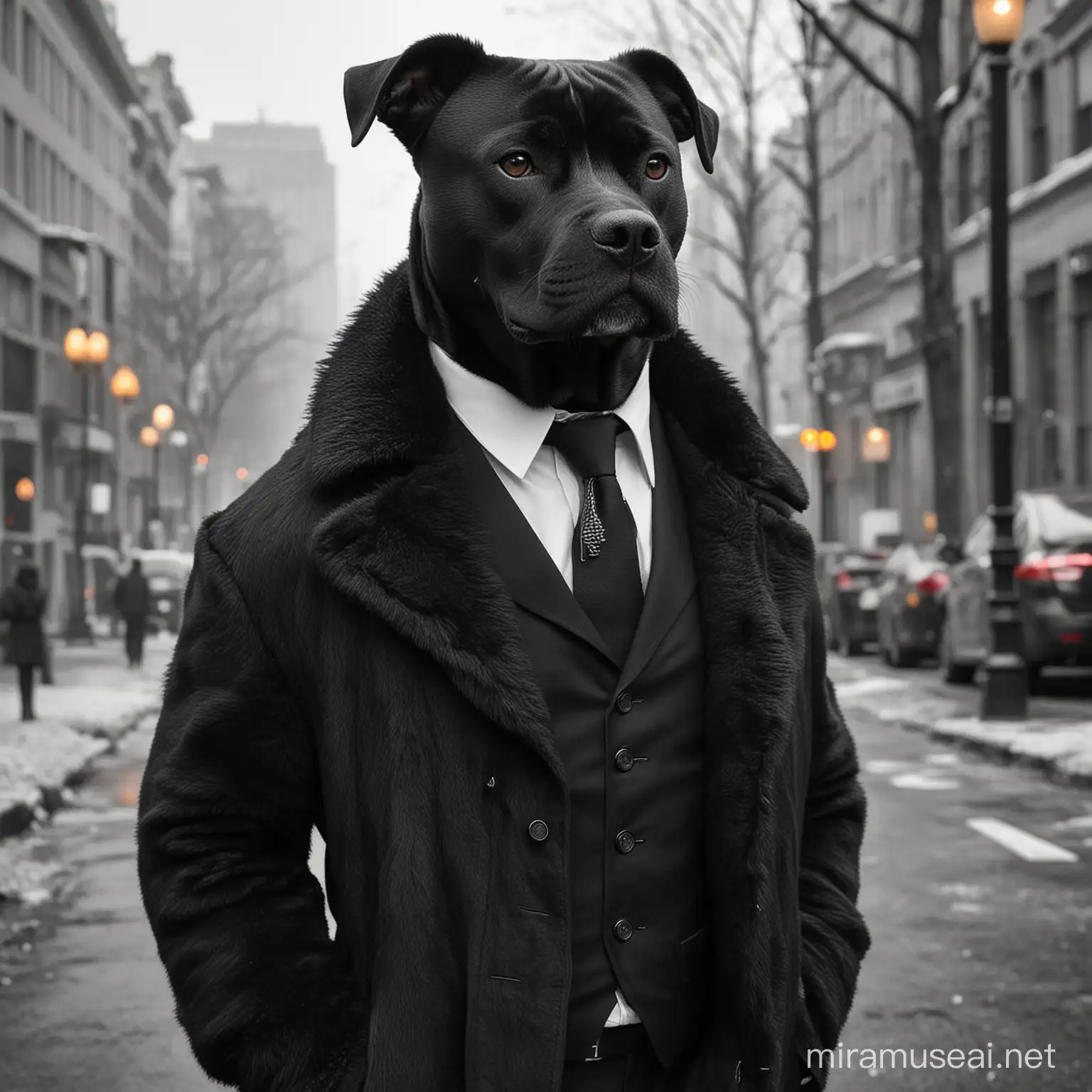 Lonely Black Pitbull with Classic White Mustache in Urban Setting