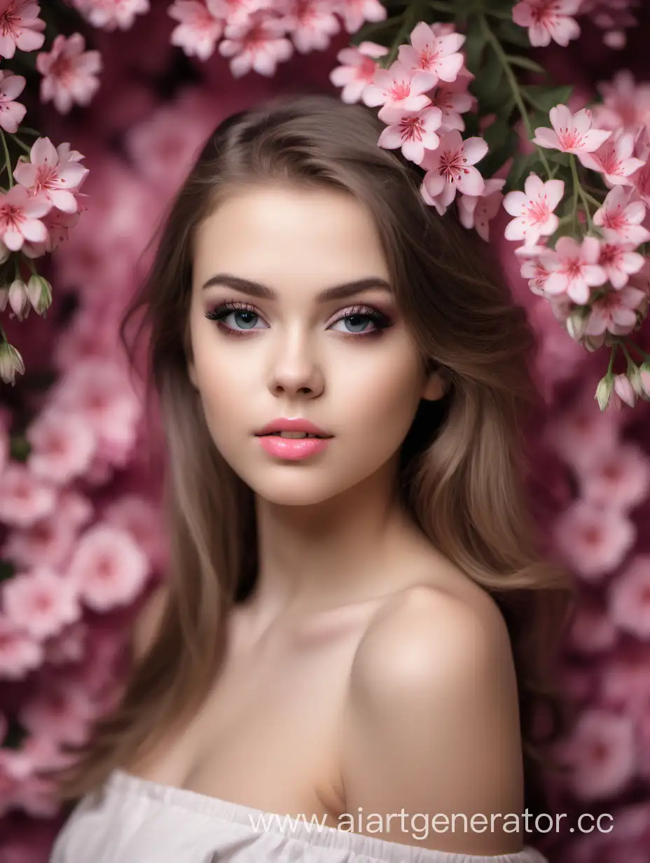 beautiful girl model portrait with small  pink 
flowers background