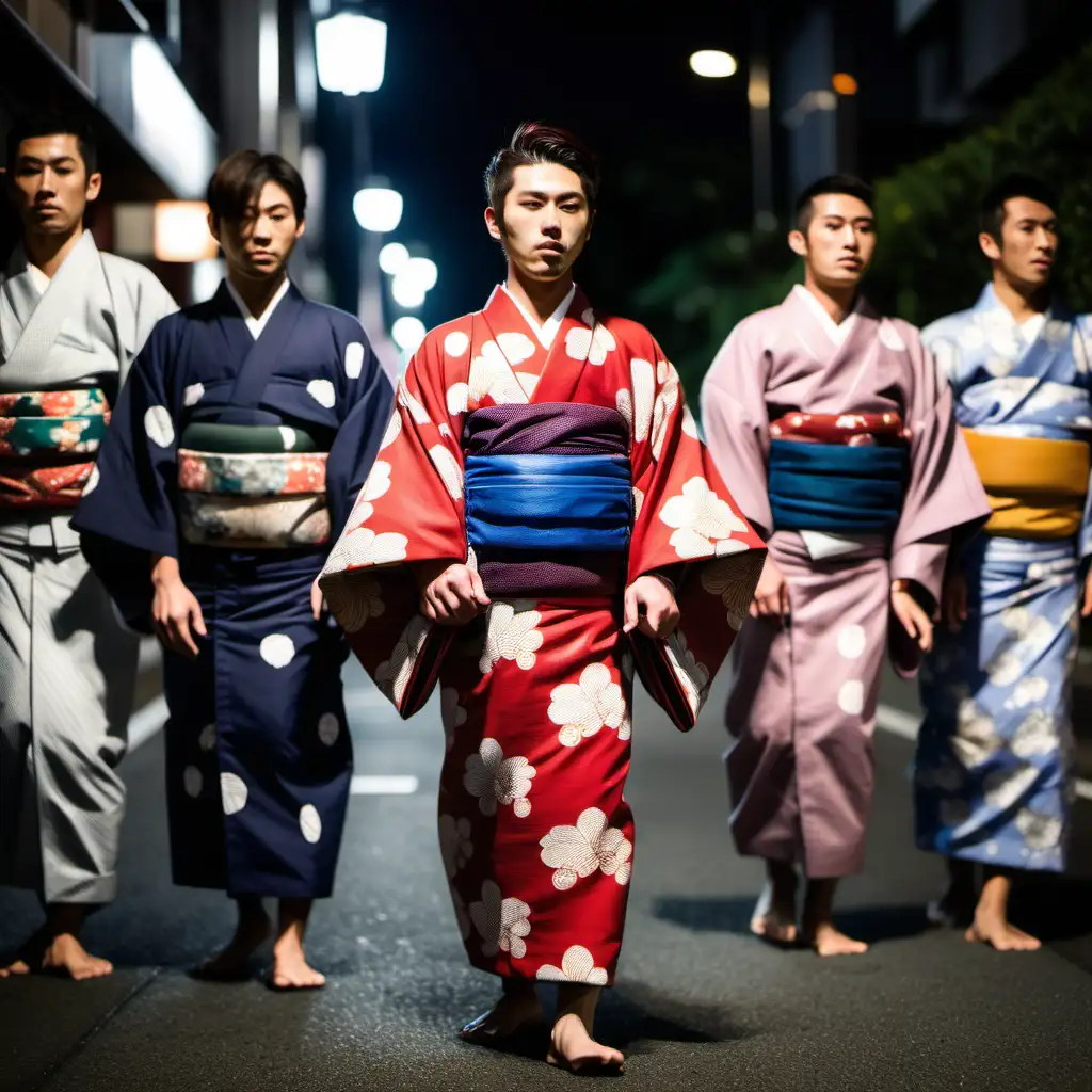 Japanese Man in Traditional Kimono Surrounded by Doppelgangers on Night Street