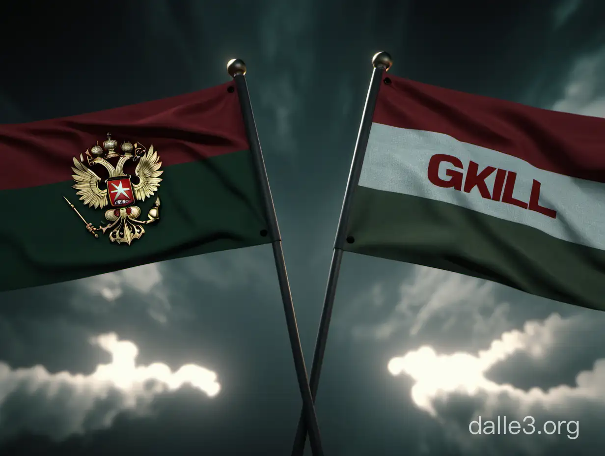 Realistic, 4k, in the style of atomic warfare, subdued lighting, on the flags of Russia and Belarus on which the name "GKILL" is written