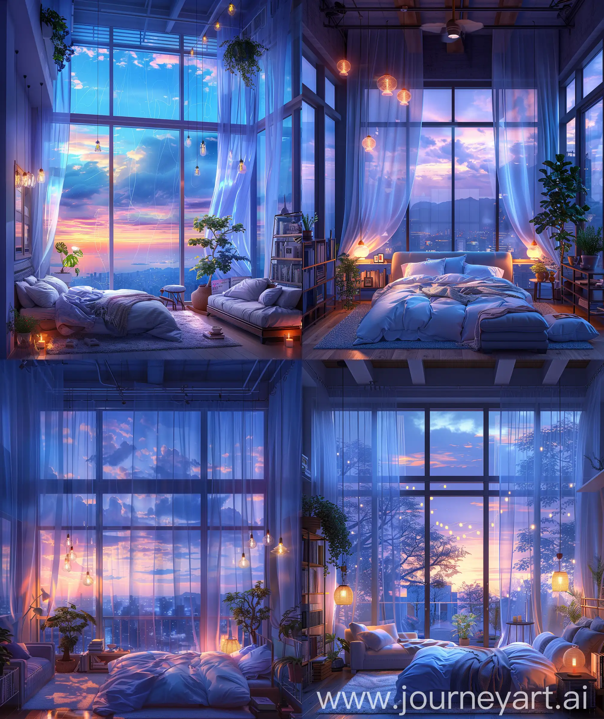 Beautiful anime scenary, mokoto shinkai style, verious views of beautiful bedrooms with cozy bed, sofa ,big window glass, transparent curtain, potted plant, hanging lights, book rack, desk, light violet and blue ambient and sky, windy look, cozy, hanging lights, anime style most beautiful bedrooms views, illustration ultra HD, high quality, sharp details, no hyperrealistic, --ar 27:32 --s 400