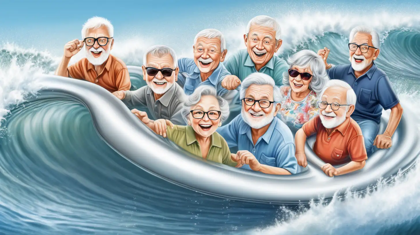 a bunch of baby boomers floating on a wave of silver water 