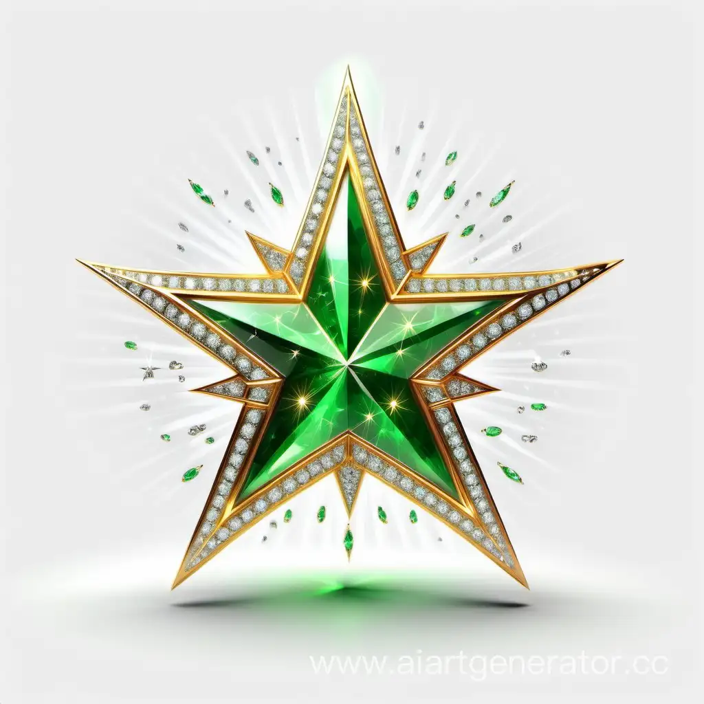 логотип пятиконечная золотая звезда на прозрачном белом фоне, по контуру звезды расположены бриллианты и ярко-зеленые изумруды, фотореалистично, высокая четкость, 8К